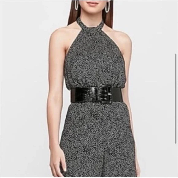 Express Black And White Speckle Halter Wide-Leg Jumpsuit - Picture 2 of 10